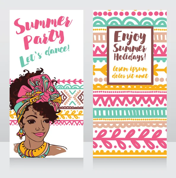 夏季的卡党与美丽的非洲裔美国女人和涂鸦装饰 — 图库矢量图片