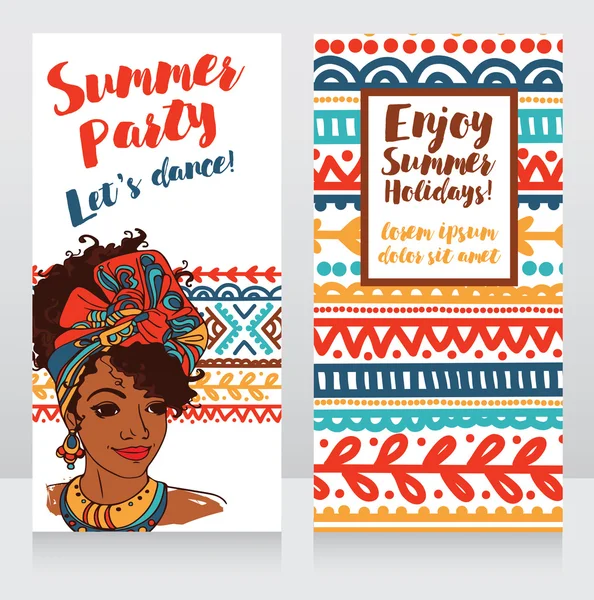 Carte per la festa estiva con bella donna afroamericana e ornamento doodle — Vettoriale Stock