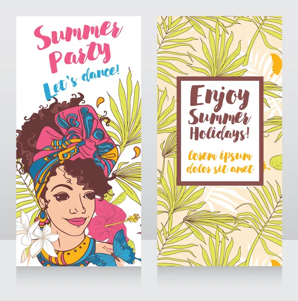 Cartes pour fête d'été avec belle fille et décor tropical — Image vectorielle