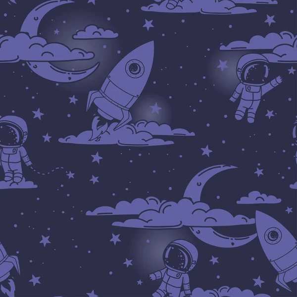Fantazie bezešvé pozadí pro sladké sny s doodle měsíce, mraky, astronauty a staré staromódní rakety — Stockový vektor