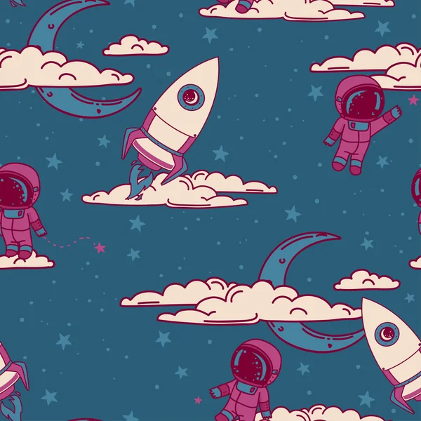 Fantasie nahtloser Hintergrund für süße Träume mit Doodle-Monden, Wolken, Astronauten und altmodischen Raketen — Stockvektor
