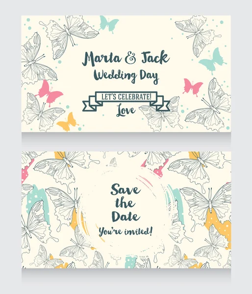 Invitaciones románticas de boda con mariposas — Vector de stock