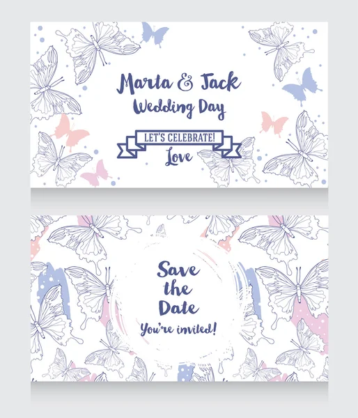 蝶とロマンチックな結婚式の招待状 — ストックベクタ