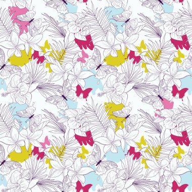Dikişsiz desen tropik çiçekler ve kelebekler