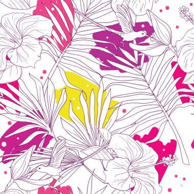 Tropikal çiçekler ve kuşlarla kusursuz desen