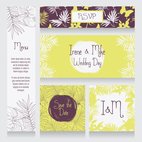 Conjunto de boda en estilo tropical — Vector de stock