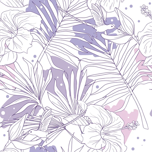 熱帯の花や鳥とシームレスなパターン — ストックベクタ