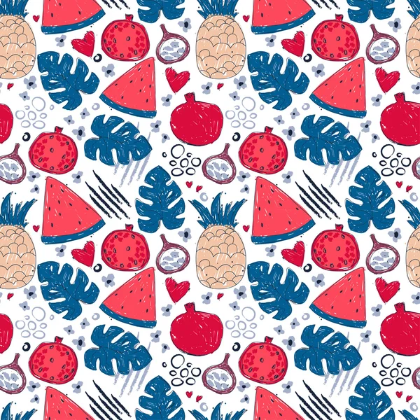 Seamless pattern with hand drawn exotic fruits and tropical leafs — Stock Vector