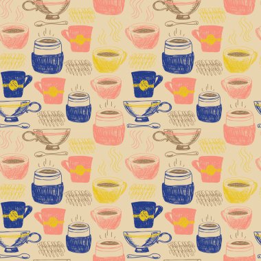 Kahve ve çay bardağı ile Seamless Modeli kroki