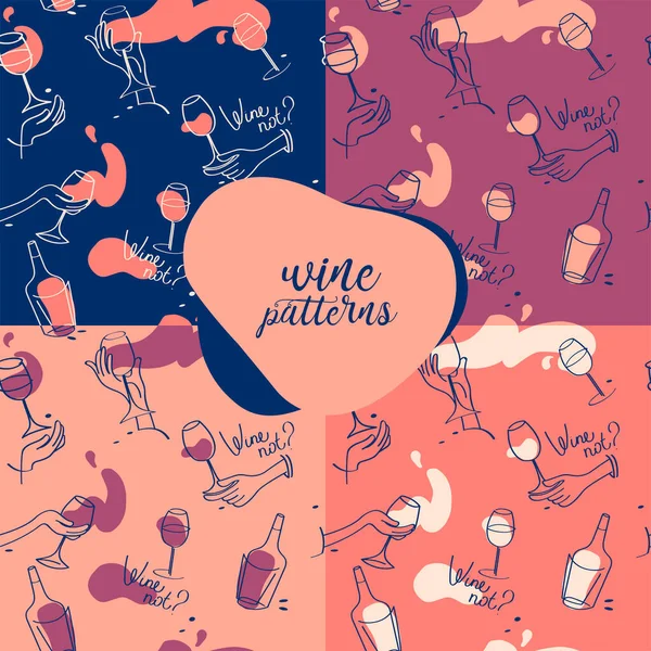 Set Four Seamless Patterns Wine Glasses Wine Bottles Vector Illustrations — Stockový vektor