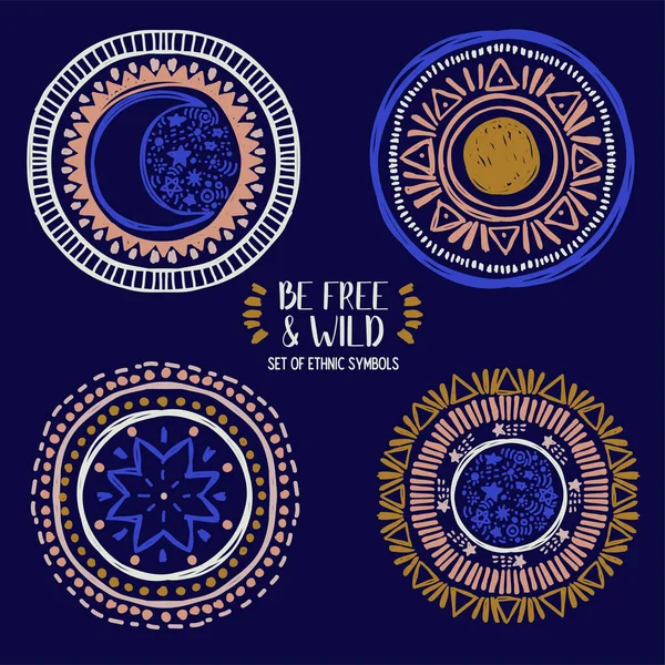 Conjunto Cuatro Símbolos Estilo Étnico Luna Sol Estrellas Puede Utilizar — Vector de stock