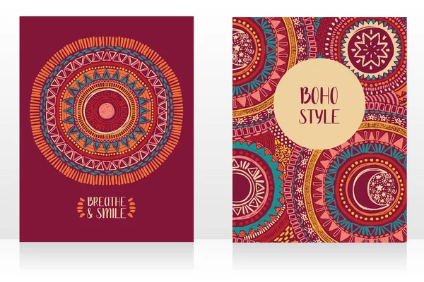 Set Aus Zwei Ethnischen Karten Mit Ornamenten Und Sonnensymbol Kann — Stockvektor