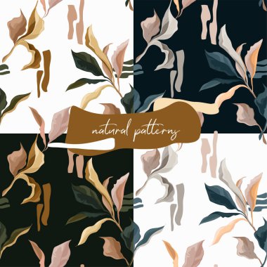 Zarif yaratıcı yapraklara, sonbahar renklerine, vektör illüstrasyonlarına sahip kusursuz desenler kümesi