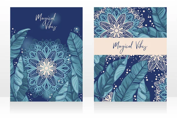 Due Carte Con Foglie Tropicali Ornamento Mandala Nella Notte Possono — Vettoriale Stock