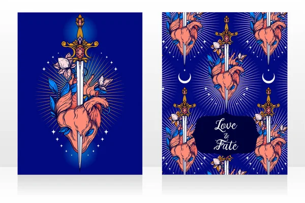 Two Cards Blooming Heart Sword Symbol Love Self Knowledge Vector — Vector de stock