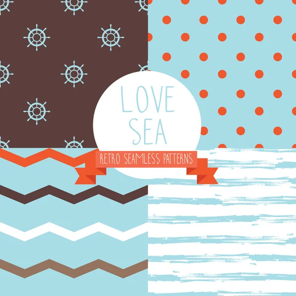 Set of cute marine patterns in retro palette — Stock Vector