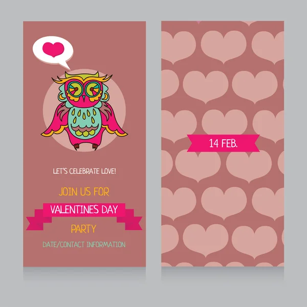 Einladungsvorlage mit niedlichem Uhu zum Valentinstag — Stockvektor