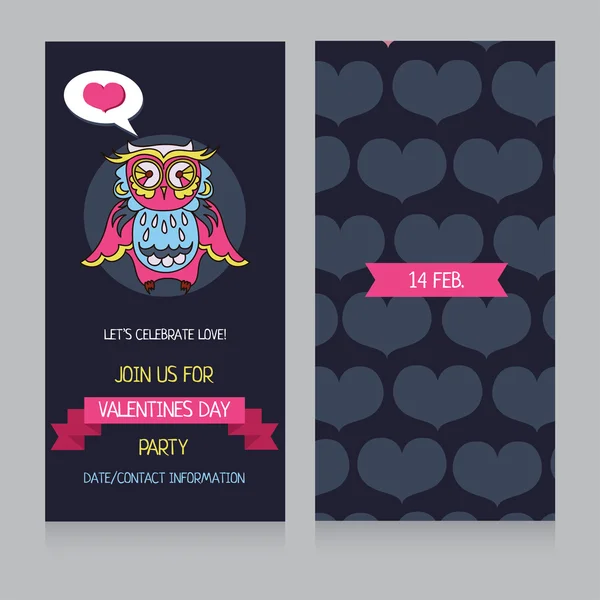 Plantilla de invitación con un lindo búho para el día de San Valentín — Vector de stock