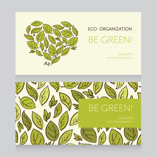 Ecology business card template with heart formed leaves — Stock Vector