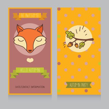 Merhaba şirin fox ve meşe dalı ile sonbahar kartları