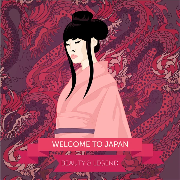 Traditional japanese woman on dragon background — Stock Vector