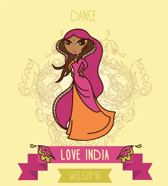 Υπέροχο doodle ινδική κορίτσι, banner για το ταξίδι στην Ινδία — Διανυσματικό Αρχείο