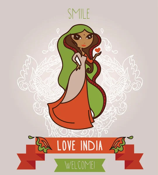 Linda menina indígena doodle, bandeira para viajar para a Índia — Vetor de Stock