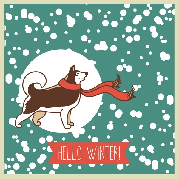 Hola invierno, cartel con lindo husky — Archivo Imágenes Vectoriales