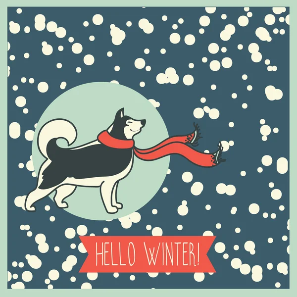 Hola invierno, cartel con lindo husky — Vector de stock