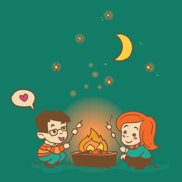 Cartoon boy e ragazza cucinare un marshmallow, accogliente mano disegnato vettoriale illustrazione — Vettoriale Stock