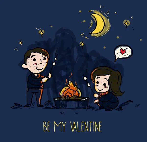 Kartun anak laki-laki dan perempuan memasak marshmallow, nyaman tangan digambar vektor ilustrasi Stok Ilustrasi 