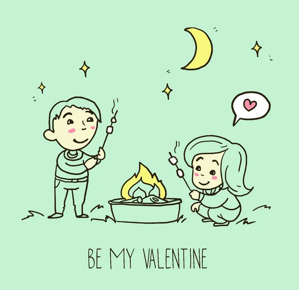 Kartun anak laki-laki dan perempuan memasak marshmallow, nyaman tangan digambar vektor ilustrasi Stok Vektor Bebas Royalti