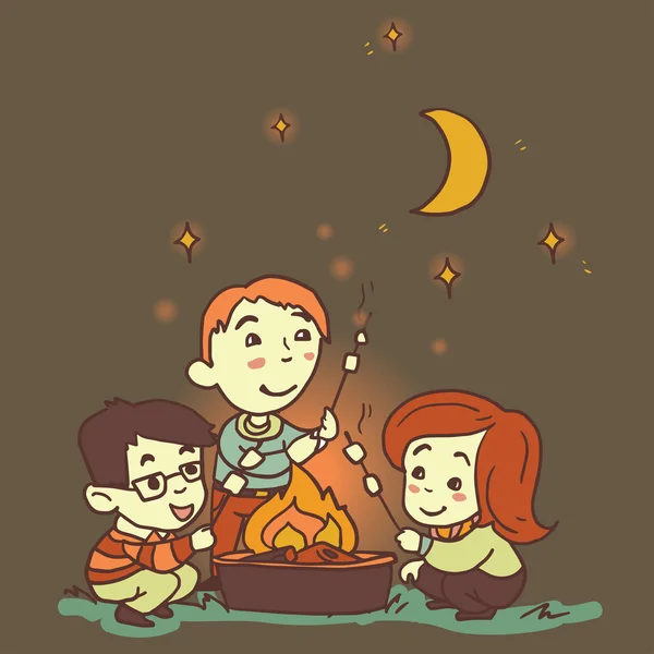 Tiga teman kartun di luar ruangan Grafik Vektor