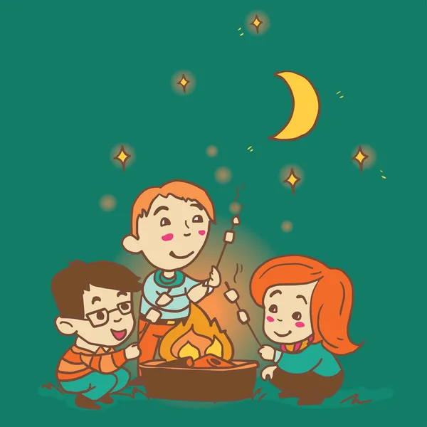 Tiga teman kartun di luar ruangan Grafik Vektor