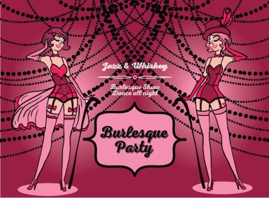 Burlesque retro parti için banner, korse çizilen çizgi film bayanlar el