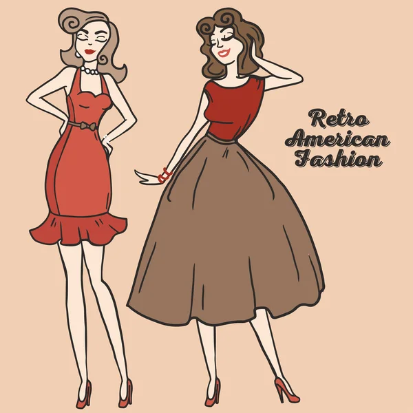 Dois desenhos animados mulheres bonitas no estilo pin up — Vetor de Stock