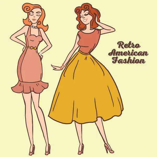 Dos mujeres bonitas de dibujos animados en estilo pin up — Archivo Imágenes Vectoriales