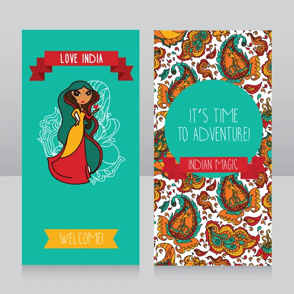 Linda menina indiana doodle no banner para viajar para a Índia — Vetor de Stock