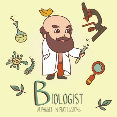 Set of cute doodle icons and old man - biologist clipart