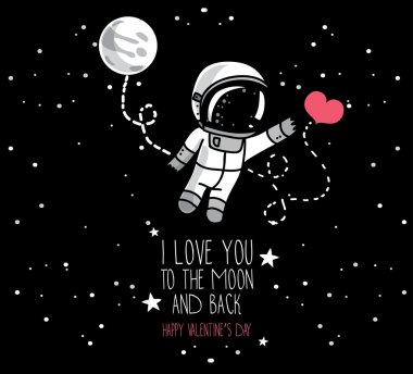 Şirin doodle astronot ve kalp, Sevgililer günü için kozmik kartı