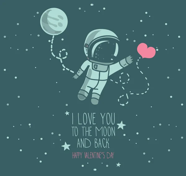 Aranyos doodle űrhajós és a szív, kozmikus kártya Valentin-nap — Stock Vector