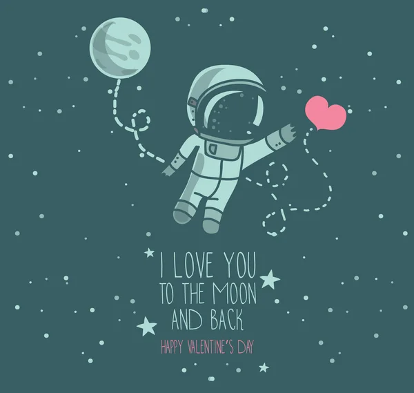 Astronot dan jantung yang lucu, kartu kosmik untuk hari kasih sayang - Stok Vektor