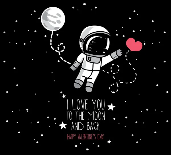 Χαριτωμένο doodle αστροναύτης και καρδιά, κοσμική κάρτα για την ημέρα του Αγίου Βαλεντίνου — Διανυσματικό Αρχείο