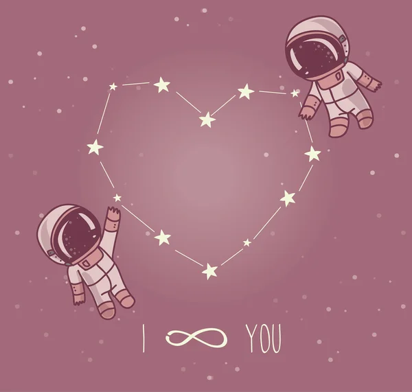 Cute doodle astronauts couple and heart formed constellation — Stock Vector