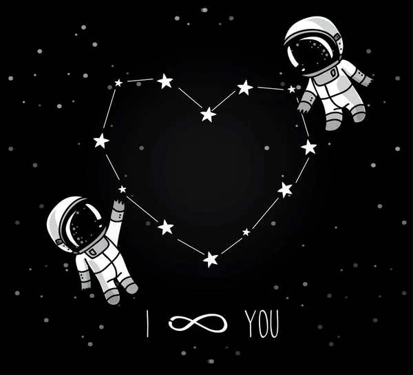 Cute doodle astronauts couple and heart formed constellation — Stock Vector