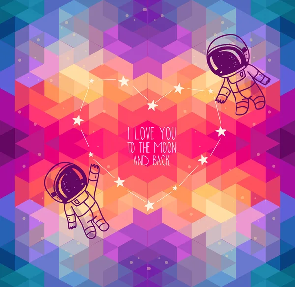 Cute doodle astronauts couple and heart formed constellation — Stock Vector