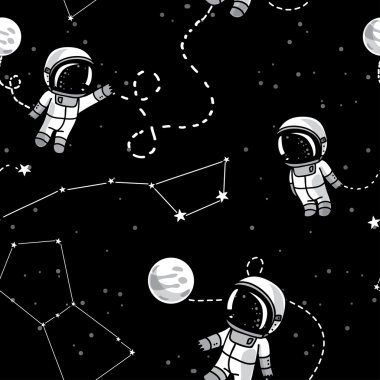 Kozmik seamless modeli, şirin doodle astronotlar uzayda