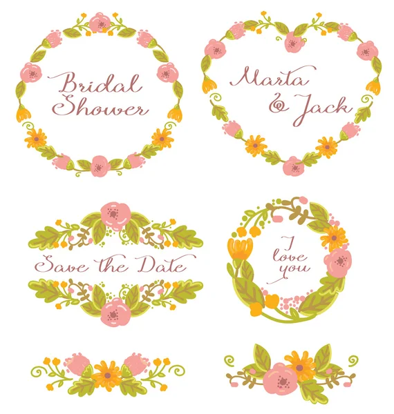 Set grafico per matrimoni: cornici, ghirlanda e fiori — Vettoriale Stock