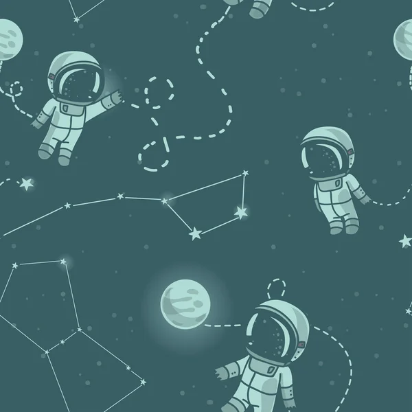 Kosmisches nahtloses Muster, niedliche Doodle-Astronauten schweben im All — Stockvektor