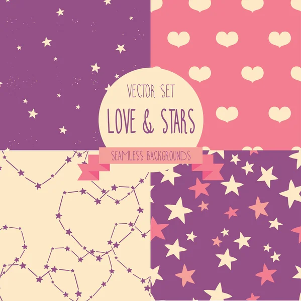 Set van naadloze texturen voor Valentijnsdag, mooi en sterrenhemel achtergronden — Stockvector
